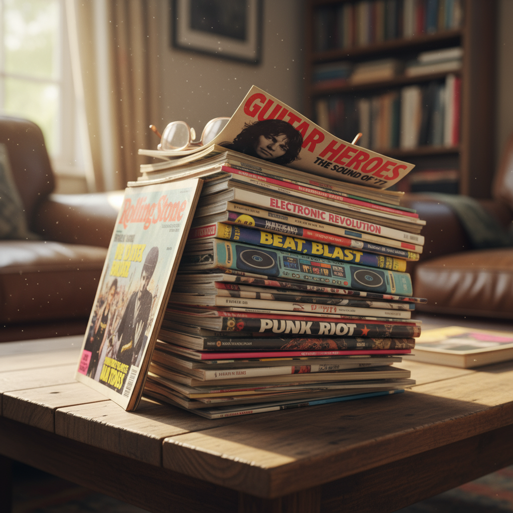 a stack of music magazines