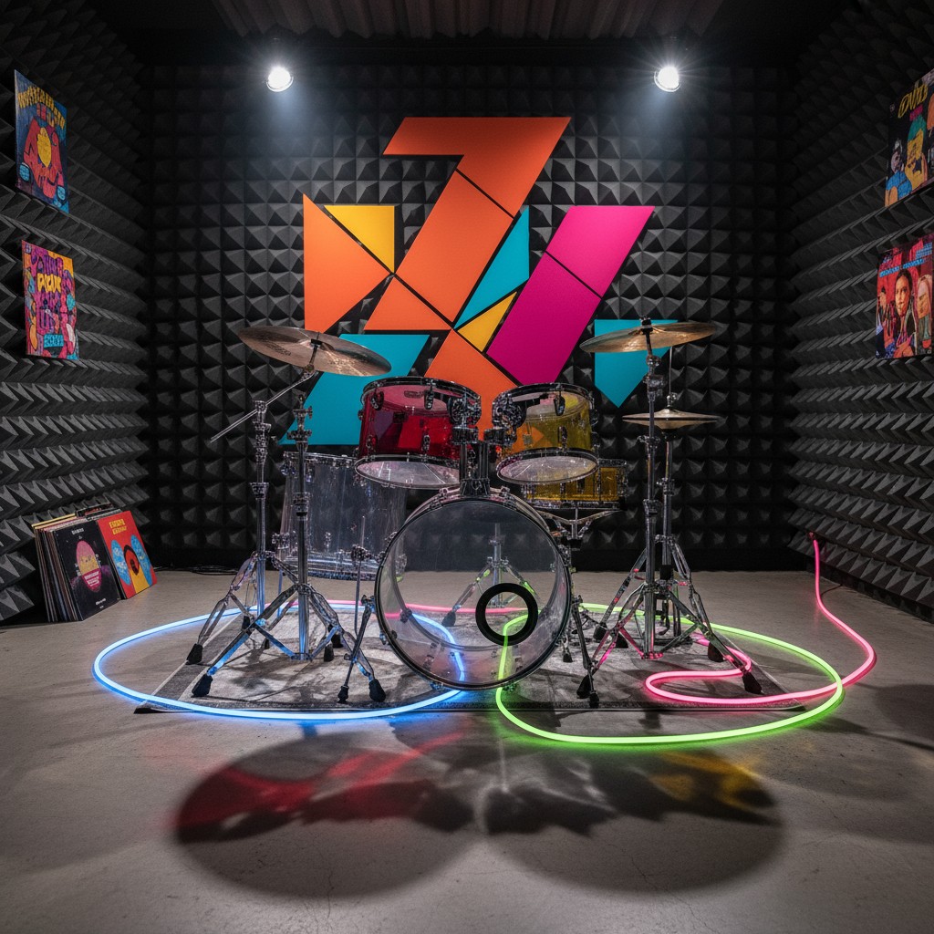 A drum set in a recording studio is illuminated by neon lights.