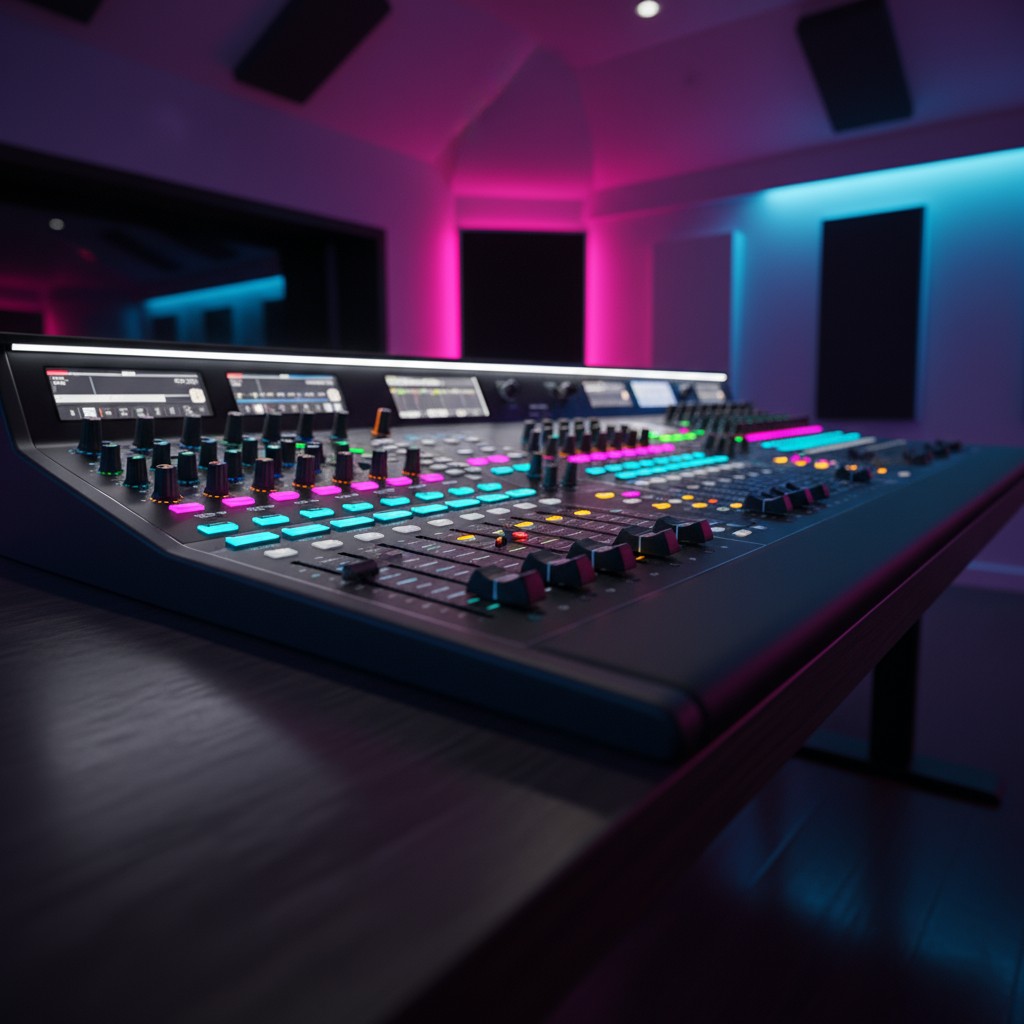 Large audio mixer board in a recording studio setting, with various knobs and buttons lit up by neon pink and blue lights.