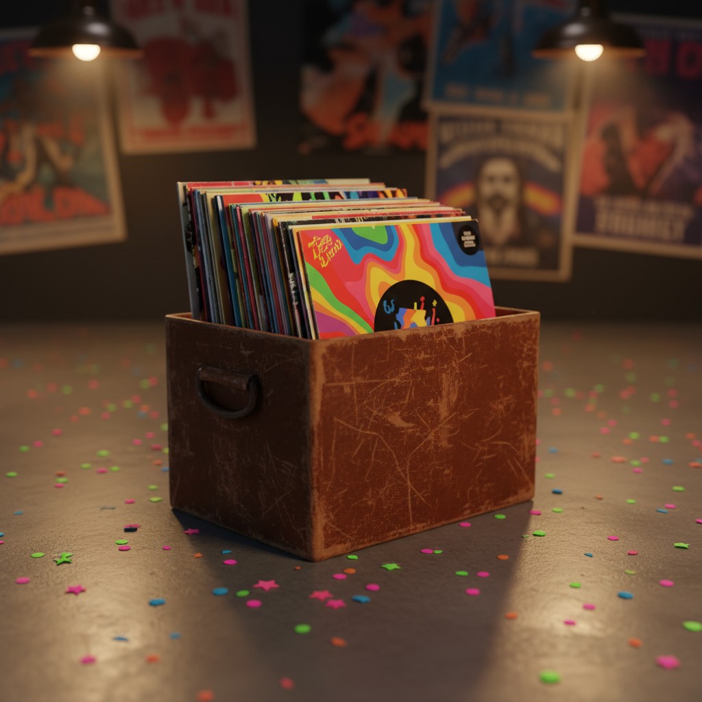 A collection of records placed in a leather box sitting on the floor, a vibrant mixture of colors, multicolored confetti, ...